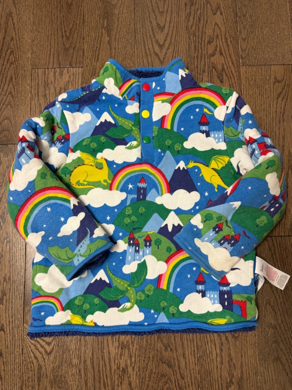 Mini Boden Blue Rainbow & Dragon Fleece Hoodie size 6/7